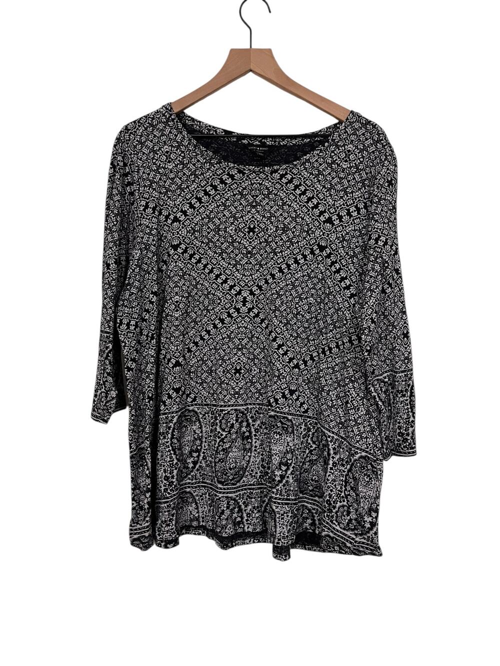 Lucky Brand Black White Paisley 3/4 Length Sleeve Boho Blouse Size 2X